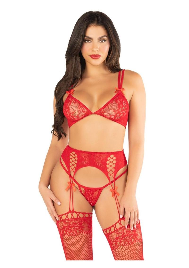 Leg Avenue Lace Bra Top with Dual Strap Detail, G-String Panty and Lace Top Garter Belt Stockings - Red - One Size - 3 Piece