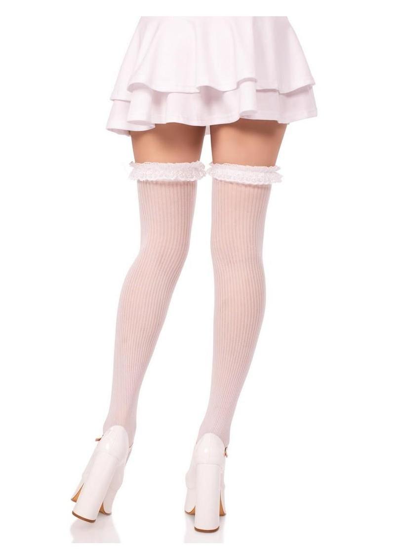 Lace top stockings with satin bows and stripes