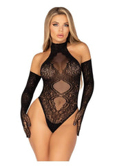 Leg Avenue Lace Halter Teddy and Matching Long Lace Gloves - Black - One Size - 2 Piece