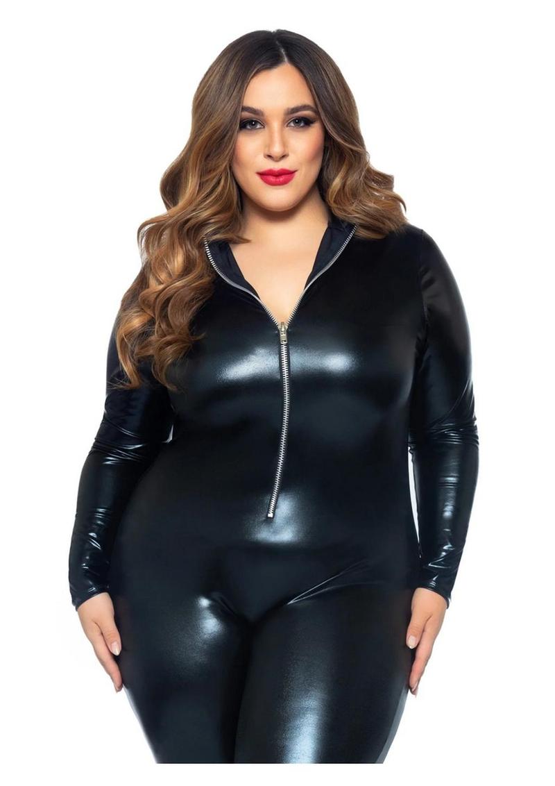 Leg Avenue Lame Zipper Front Cat Suit - 1x/2x - Black