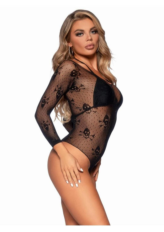 Leg Avenue Micro Net Snap Crotch Skull Bodysuit - Black - One Size