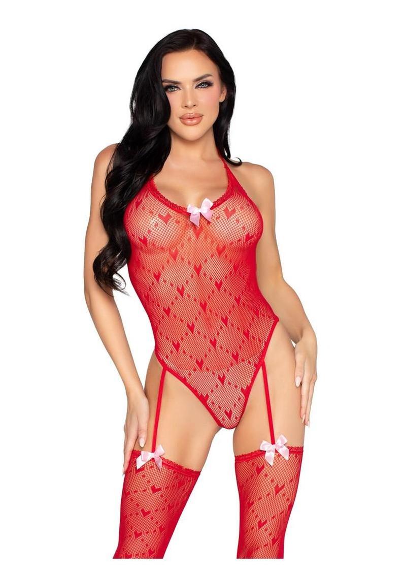 Heart-detailed lingerie teddy offering flirtatious elegance and stretch comfort for alluring bedroom adventures