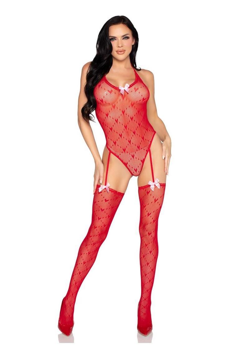 Sheer heart-patterned lingerie one-piece combining teddy and stockings for romantic, sensual bedroom wear