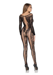 fetish wear women black fishnet jumpsuit with lace accents
