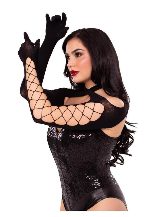 Leg Avenue Net and Opaque Cross-Over Halter Gloved Shrug Plus Size