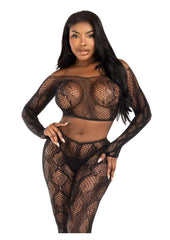 Leg Avenue Python Net Crop Top and Footless Tights - Black - One Size - 2 Piece