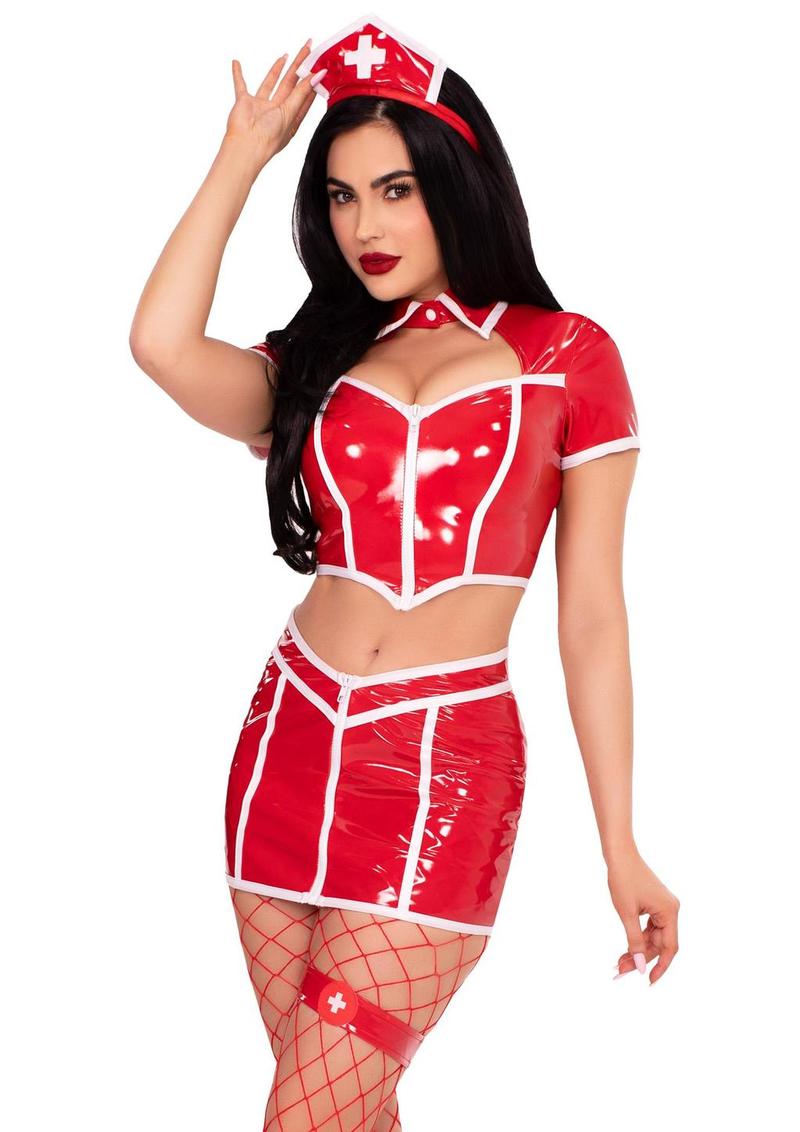Red alert nurse outfit styled for erotic roleplay and fantasy bedroom encounters- Red - Small - 4 Piece