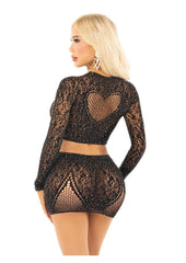 Leg Avenue Rhinestone Lace and Net Crop Top with Heart Keyhole Detail and Mini Skirt