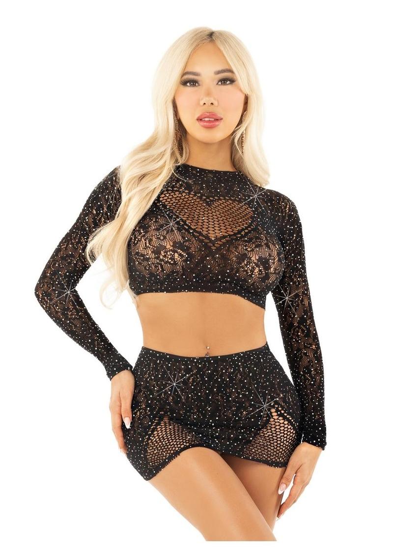 Leg Avenue Rhinestone Lace and Net Crop Top with Heart Keyhole Detail and Mini Skirt - Black - One Size - 2 Piece