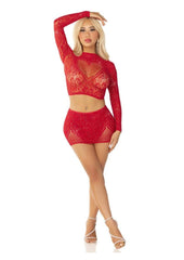 Leg Avenue Rhinestone Lace and Net Crop Top with Heart Keyhole Detail and Mini Skirt