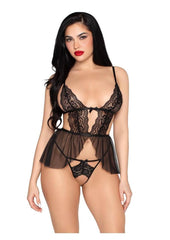 Leg Avenue Scalloped Lace and Mesh Babydoll and Matching Crotchless Panty - Black - Small - 2 Piece