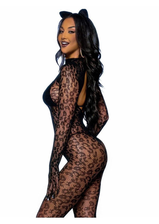 Leg Avenue Seamless Leopard Net Gloved Catsuit - Black - One Size