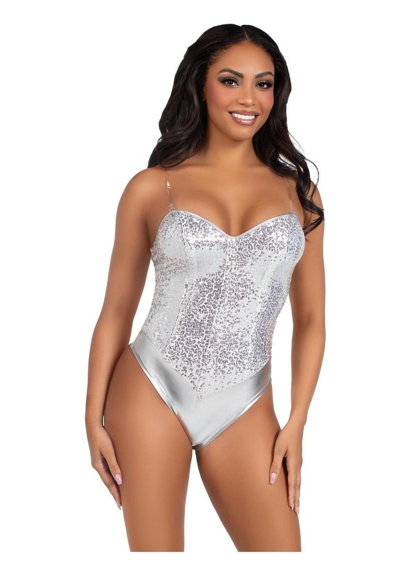 Leg Avenue Sequin Boned Snap Crotch Bodysuit with Detachable Clear Strap - Silver - Medium - 2 Piece