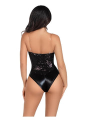 Leg Avenue Sequin Boned Snap Crotch Bodysuit with Detachable Clear Strap