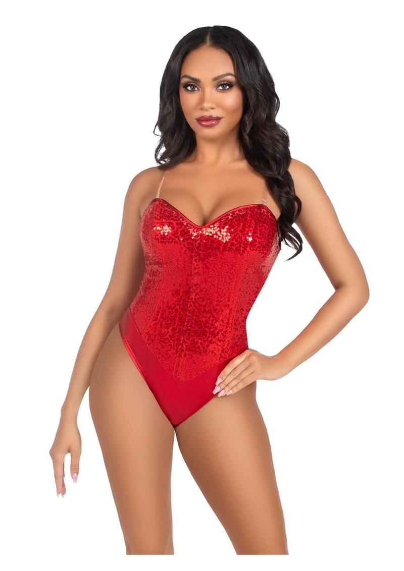 Leg Avenue Sequin Boned Snap Crotch Bodysuit with Detachable Clear Strap - Red - Small - 2 Piece