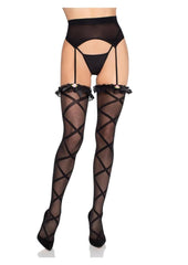 Leg Avenue Sheer Faux Wrap Lace Top Stockings with Attached Garter Belt and Rosette Bow Accent - Black - One Size
