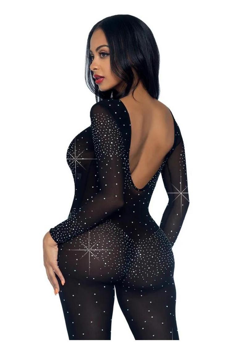 Sheer rhinestone catsuit sexy fetish wear