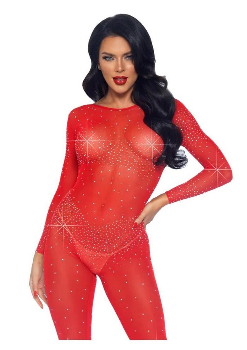 Red sheer rhinestone catsuit