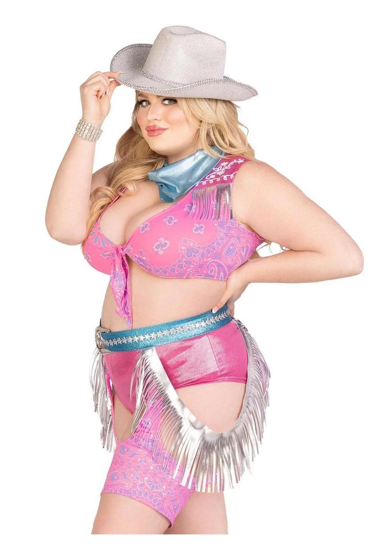 Leg Avenue Space Cowgirl Set Bandana Print Tie Front Crop Top with Fringe Trim, High Waist Bottoms with Attached Chaps, Belt with Fringe Detail, and Neck Bandana - Multicolor - 3XLarge/4XLarge - 4 Piece