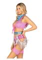 Leg Avenue Space Cowgirl Set Bandana Print Tie Front Crop Top with Fringe Trim, High Waist Bottoms with Attached Chaps, Belt with Fringe Detail, and Neck Bandana