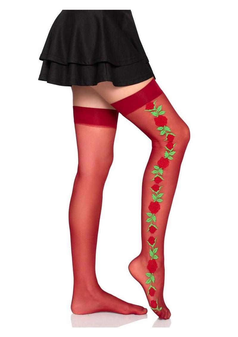 sheer spandex thigh highs with red rose embroidery creating a romantic and seductive legwear statement for her