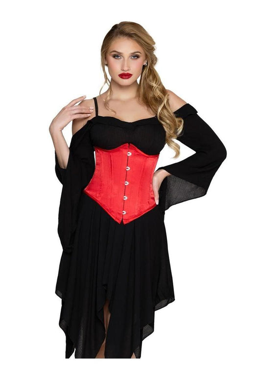 Leg Avenue Steel Boned Satin Waist Cincher with Full Busk Closer and Lace-Up Back - Black - Large