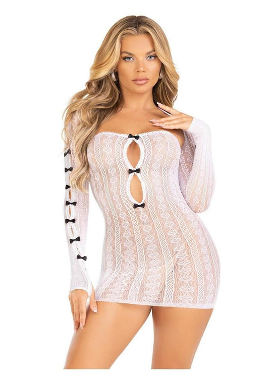 Leg Avenue Sweetheart Striped Tube Dress and Matching Shrug with Keyhole and Mini Bow Detail - Os - White
