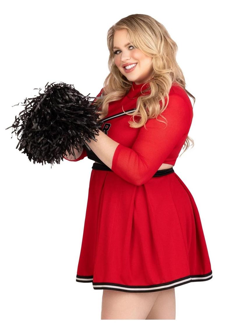 Leg Avenue Varsity Babe Set Crop Top with Cheer Logo, Pleated Skirt, and Pom Poms (3 Piece) - 1x/2x - Red