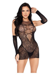 Leg Avenue Wild Rose Lace Mini Dress with Deep-V Net Detail and Matching Gloves (2 Piece) - Os - Black