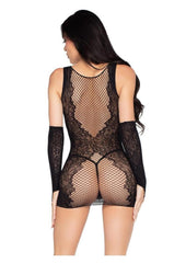 Leg Avenue Wild Rose Lace Mini Dress with Deep-V Net Detail and Matching Gloves (2 Piece) - Os - Black