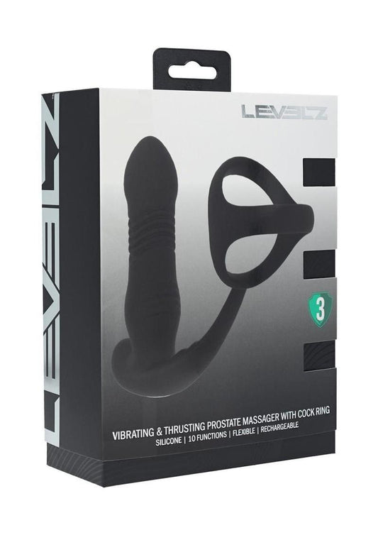 Levelz Vibrating and Thrusting Silicone Rechargeable Prostate Massager with Tri O Cock Ring - Black