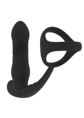 rechargeable prostate massager featuring thrusting and vibrating motion with ergonomic tri o support ring