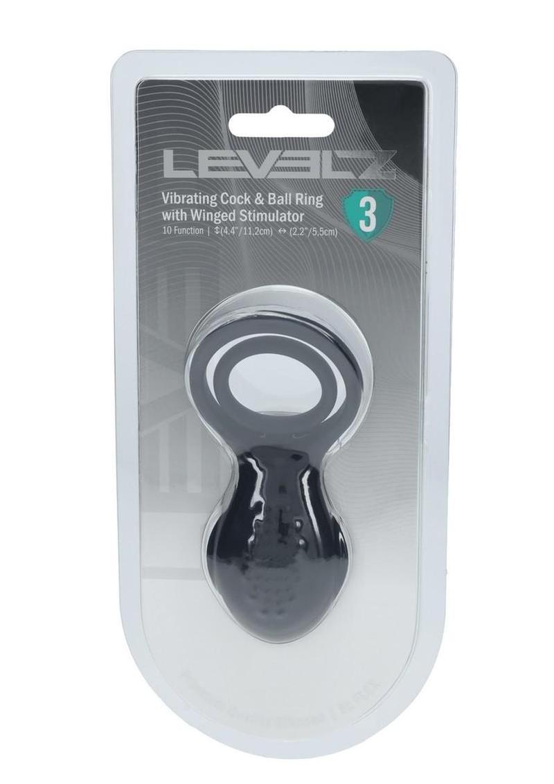 Levelz Vibrating Silicone Rechargeable Cock and Ball Ring with Winged Stimulator - Black