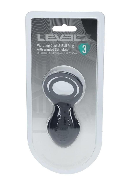 Levelz Vibrating Silicone Rechargeable Cock and Ball Ring with Winged Stimulator - Black