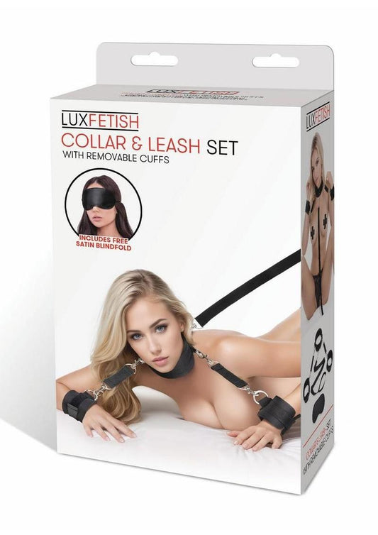 Adjustable collar leash set with removable cuffs for light bondage play