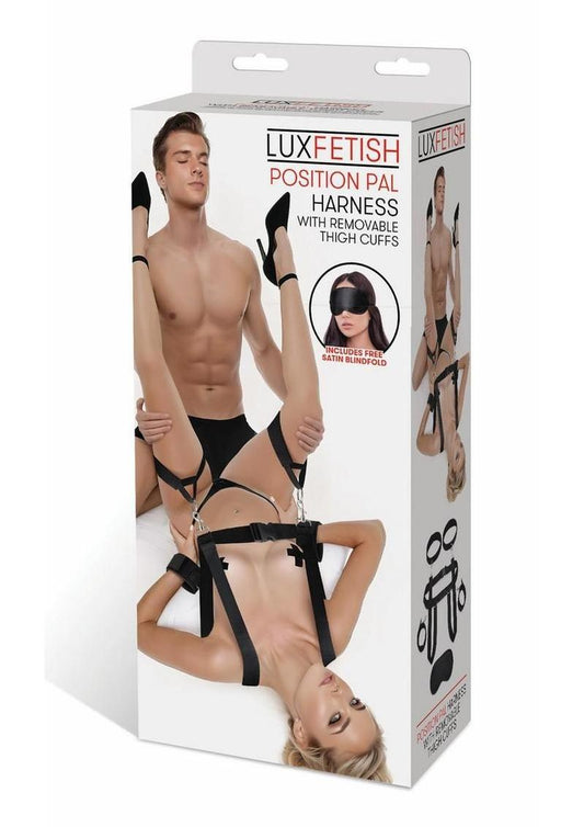 Plush adjustable bondage harness system for enhanced positions and secure thigh restraint during intimate adult sex play and kink sessions