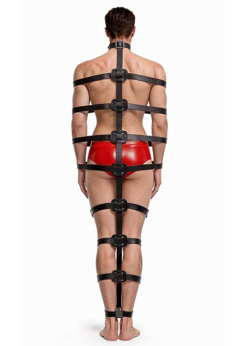 Full body bondage harness with D rings and lockable buckles
