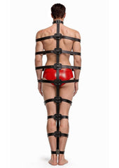 Full body bondage harness with D rings and lockable buckles