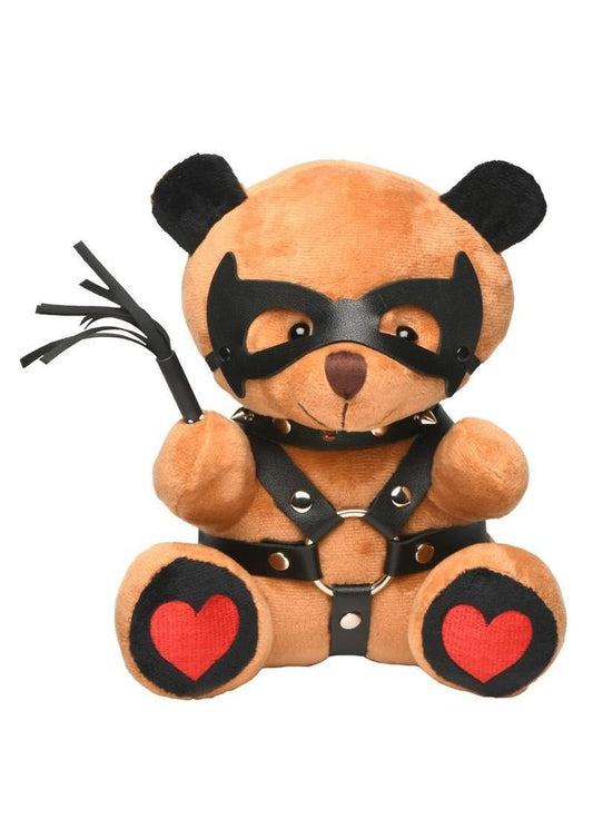 plush dom bear with harness mask and flogger for playful adult gift