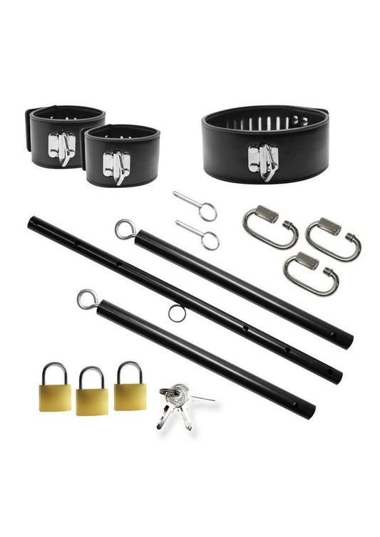 Master Series Dominion Bar Stainless Steele Spreader Bar with Collar and Restraints - Black/Silver