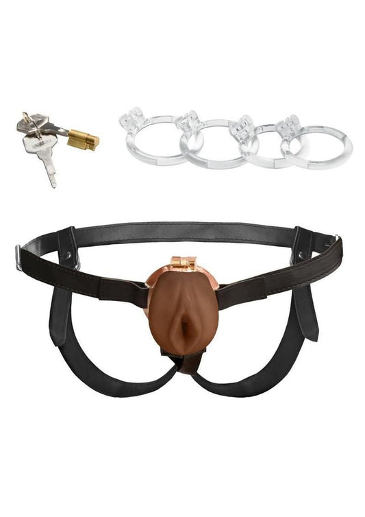 body safe tpe pussy style chastity cage with multi size rings and vegan leather harness for secure restraint and fetish control