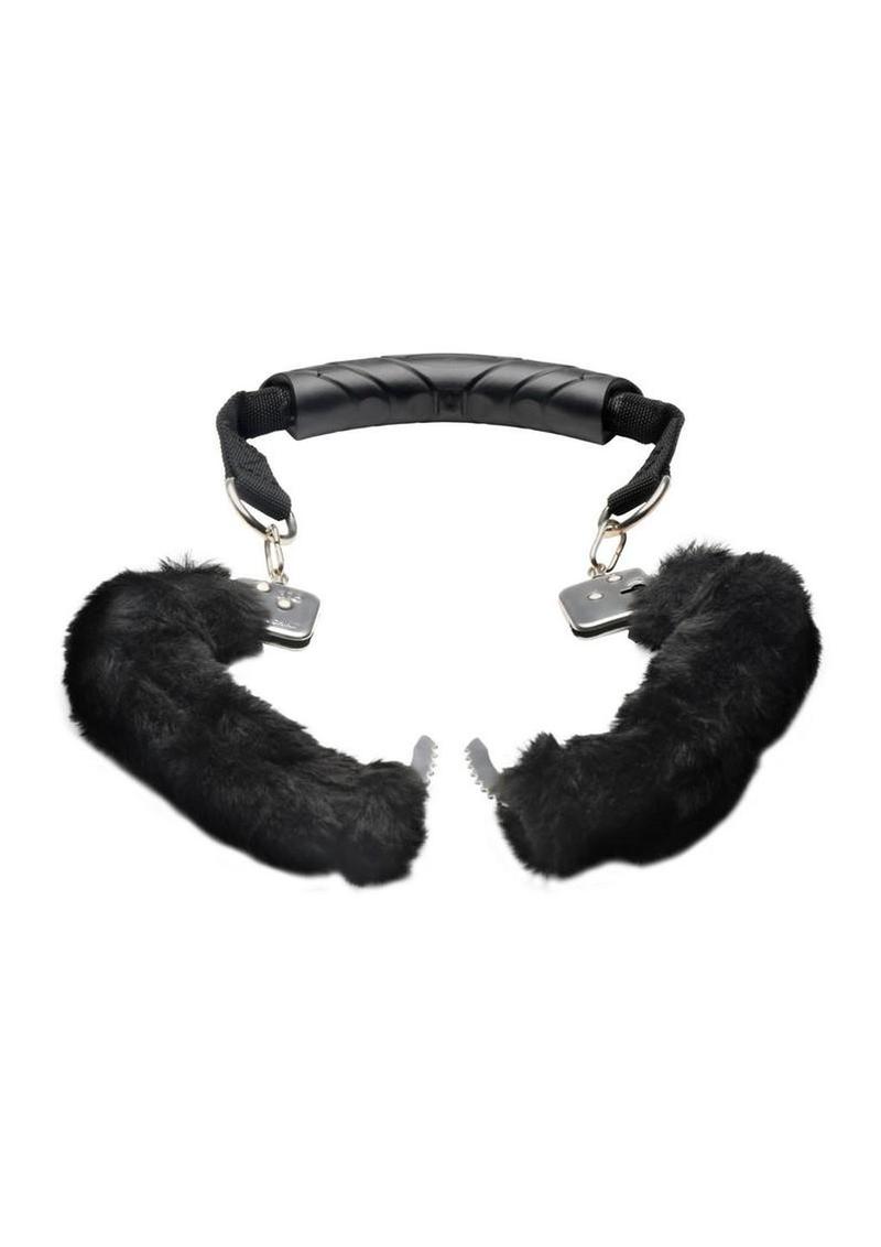 plush black furry handcuffs with nickel free metal and rubber handle for secure control