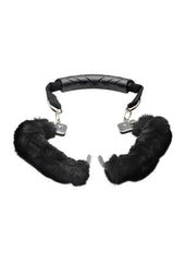 plush black furry handcuffs with nickel free metal and rubber handle for secure control