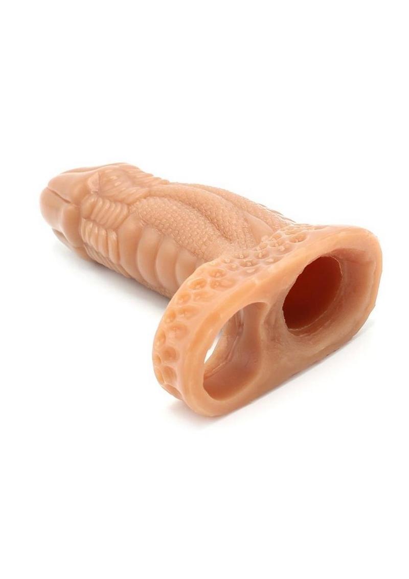 Silicone male sex toy with ridges and bumps inside canal for thrilling penetrative sensations