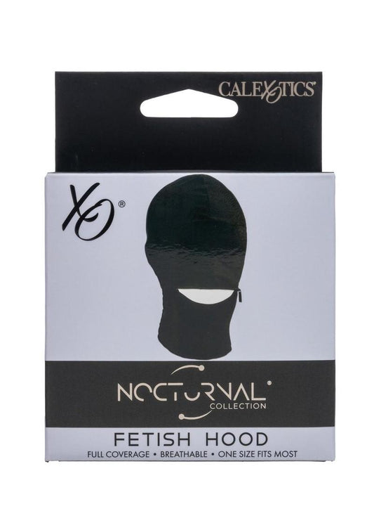 Black fetish hood with zippered mouth and built in blindfold breathable stretch fabric perfect for bondage and sensory deprivation play