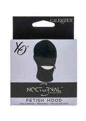 Black fetish hood with zippered mouth and built in blindfold breathable stretch fabric perfect for bondage and sensory deprivation play