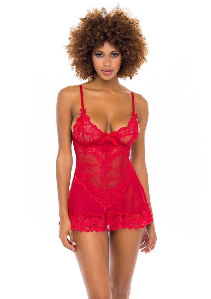sheer lace babydoll lingerie set with mesh body
