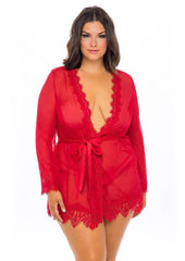 bbw sheer lace lingerie robe with satin waist sash