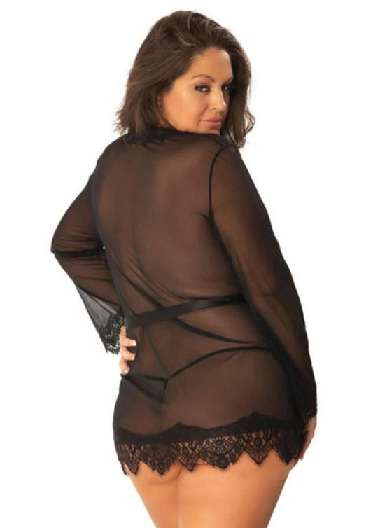 sheer lace robe lingerie with satin sash
