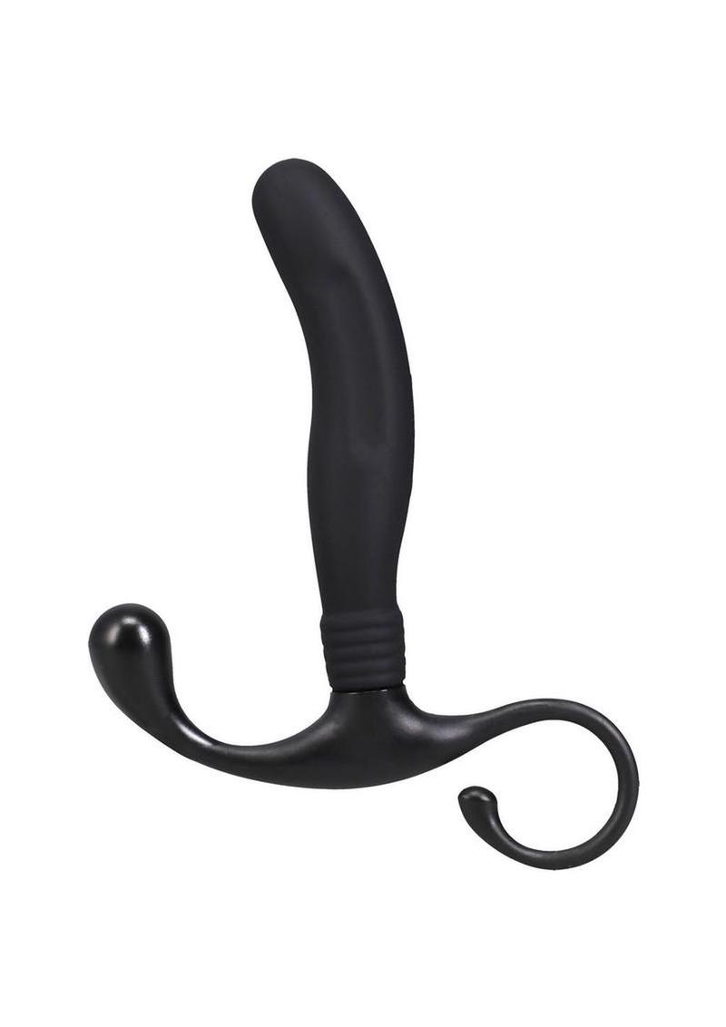 Male pleasure massager with ring handle for safe removal